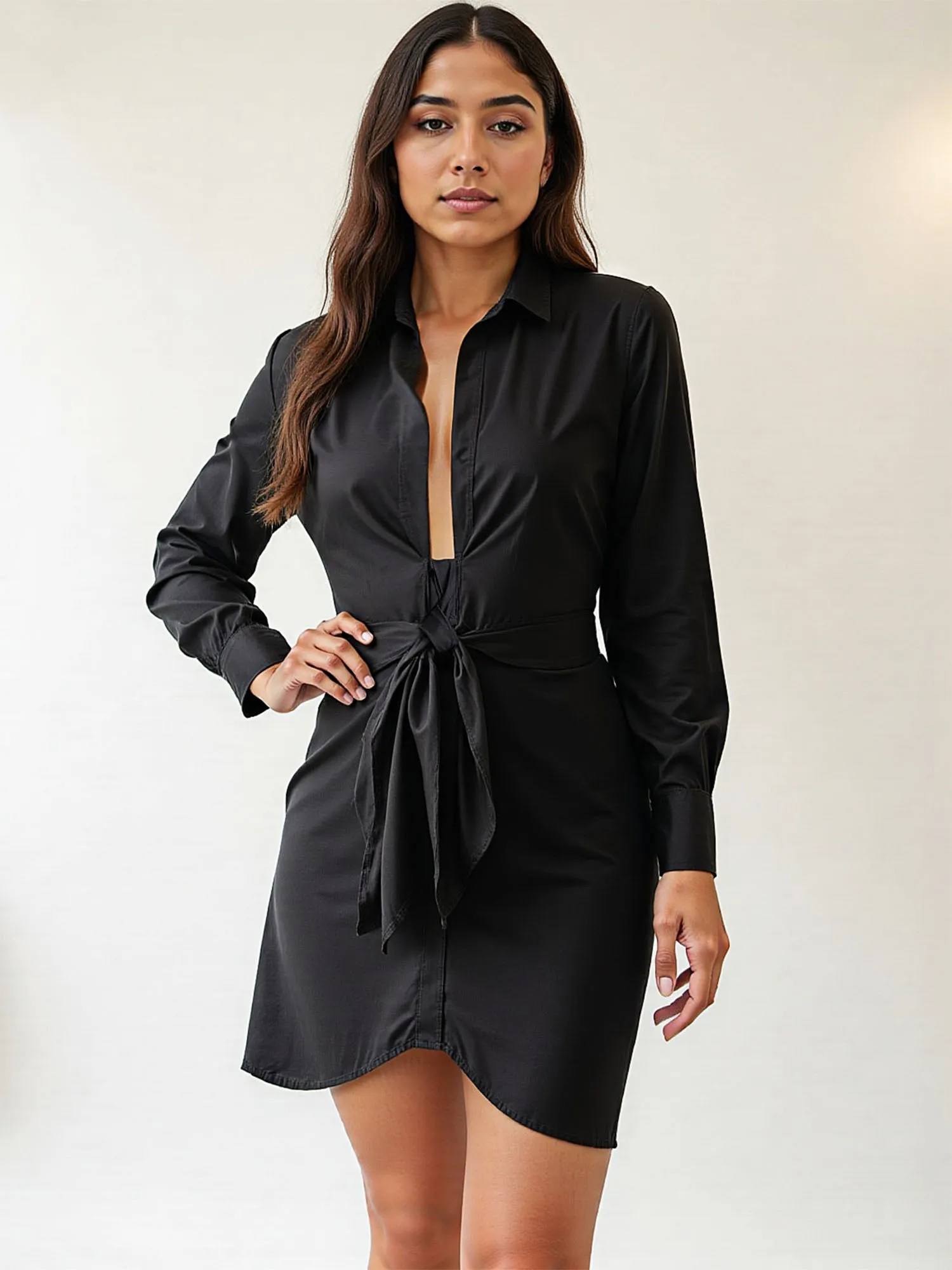 Ruched Tie Front Shirt Mini Dress