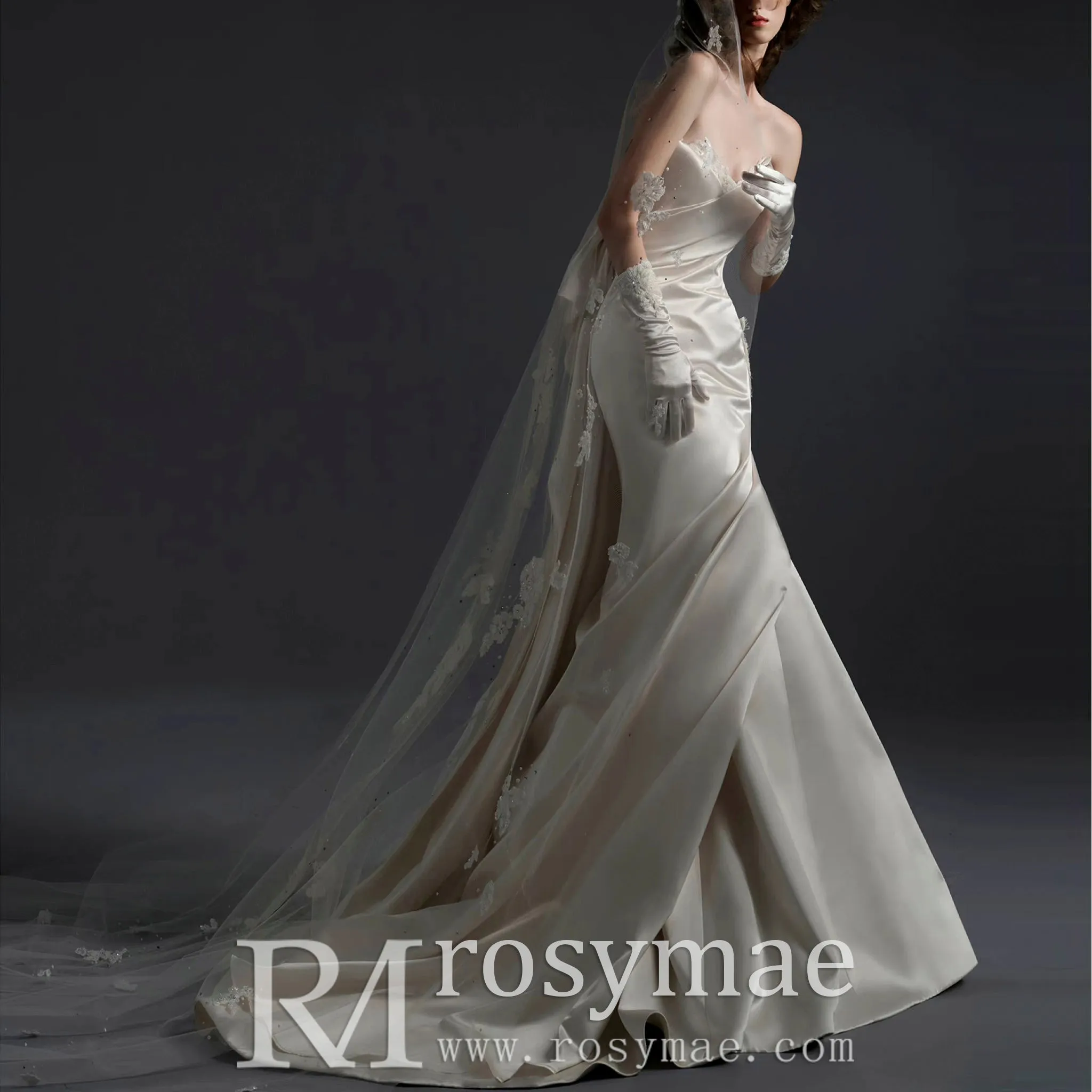 Ruched V-neckline Satin Wedding Dress with Fit and Flare Skirt