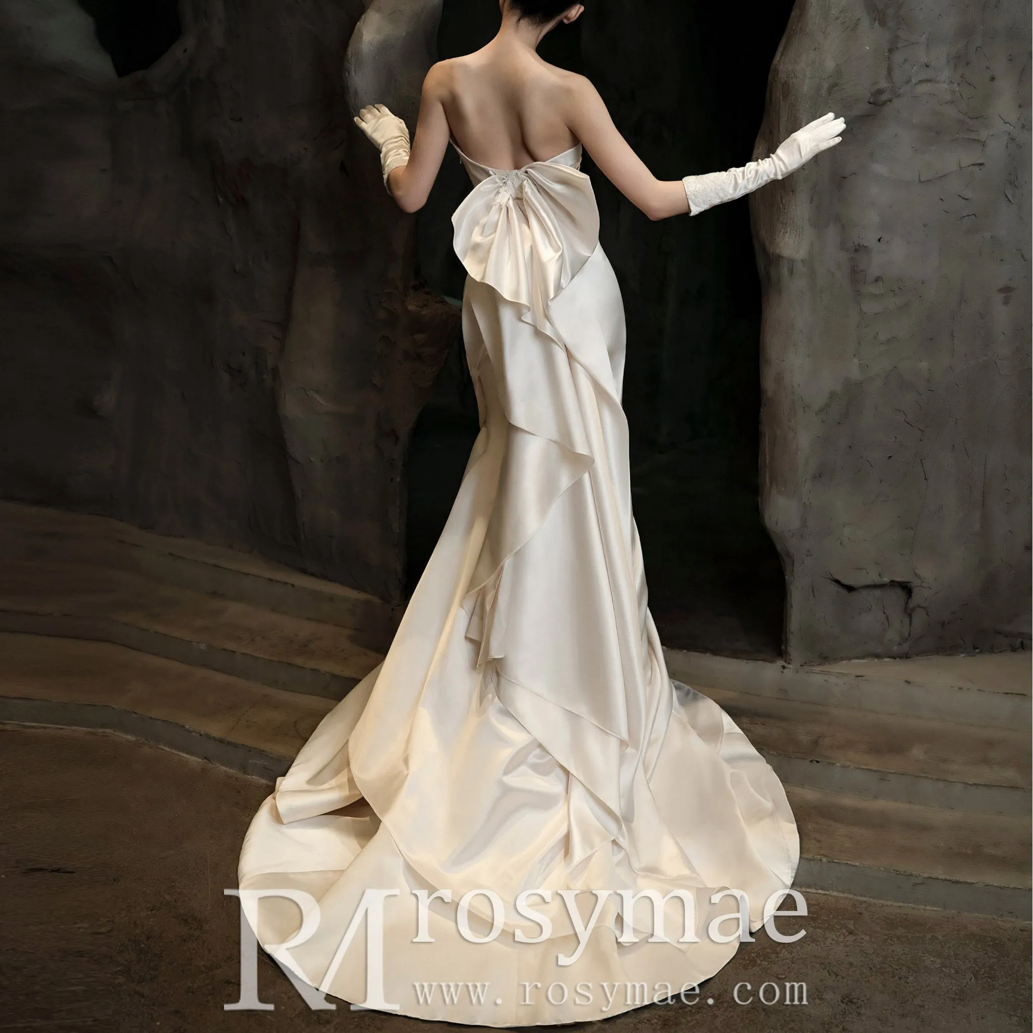 Ruched V-neckline Satin Wedding Dress with Fit and Flare Skirt