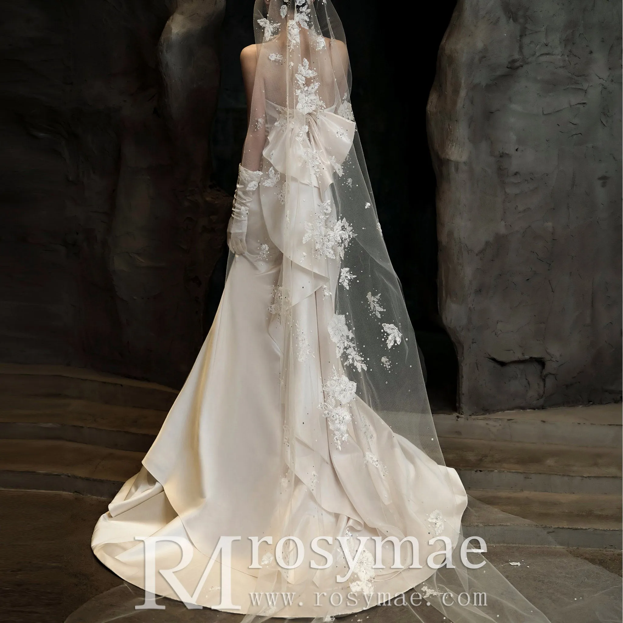 Ruched V-neckline Satin Wedding Dress with Fit and Flare Skirt