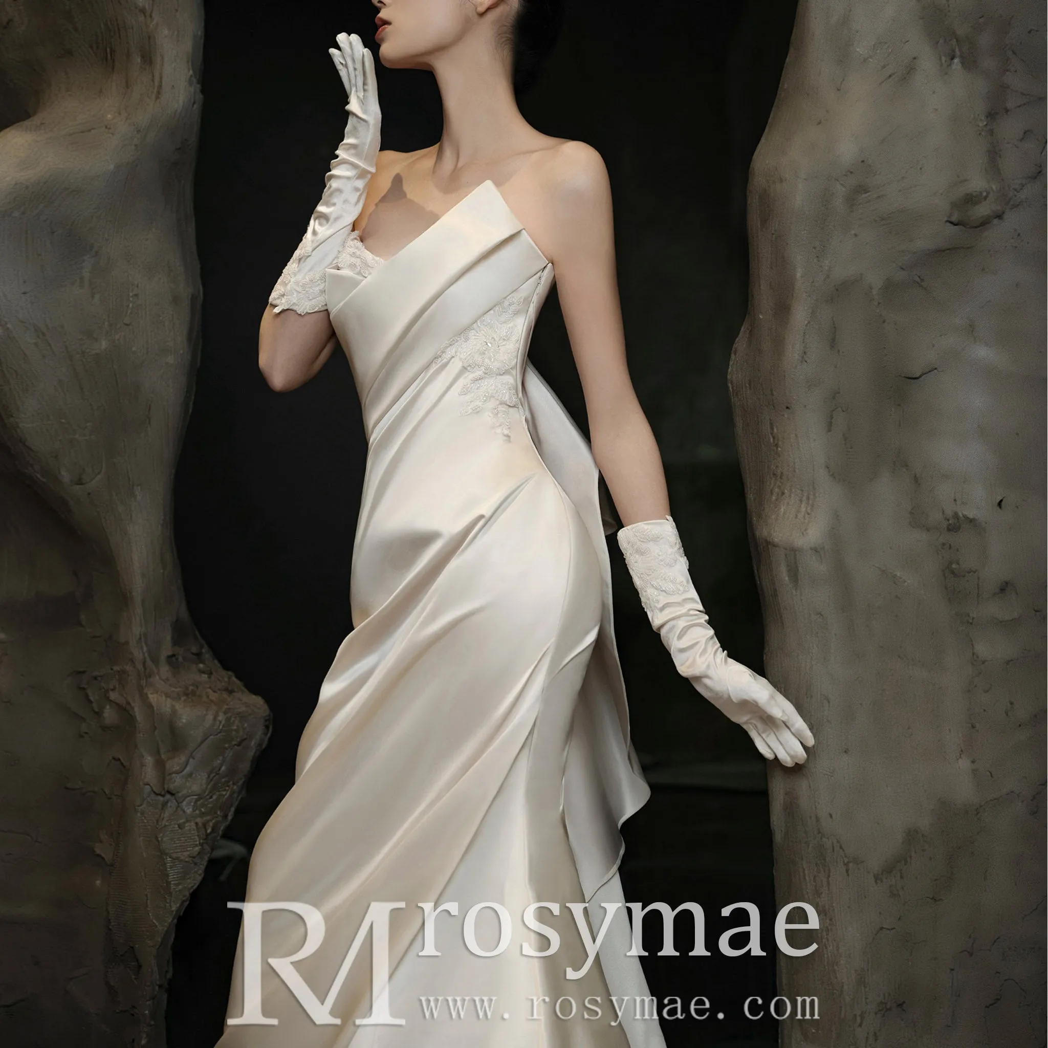 Ruched V-neckline Satin Wedding Dress with Fit and Flare Skirt