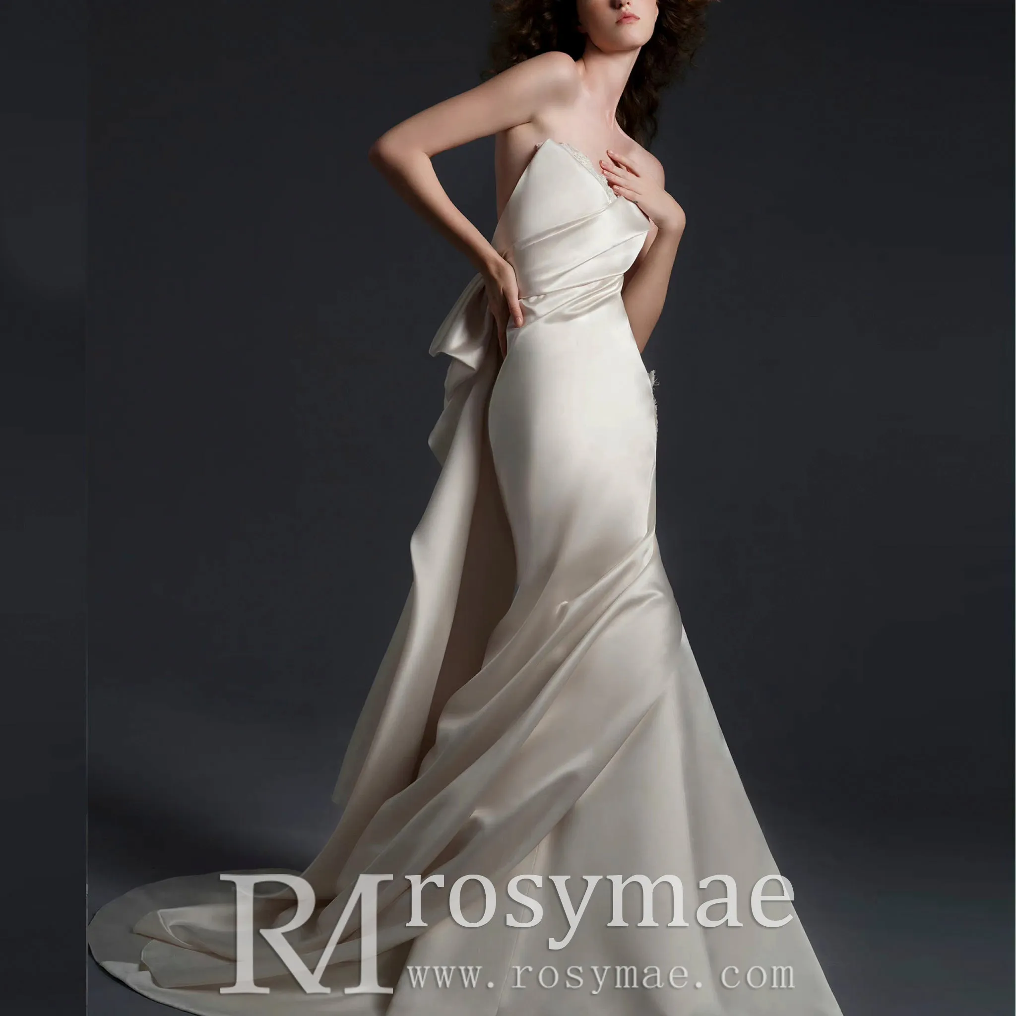 Ruched V-neckline Satin Wedding Dress with Fit and Flare Skirt