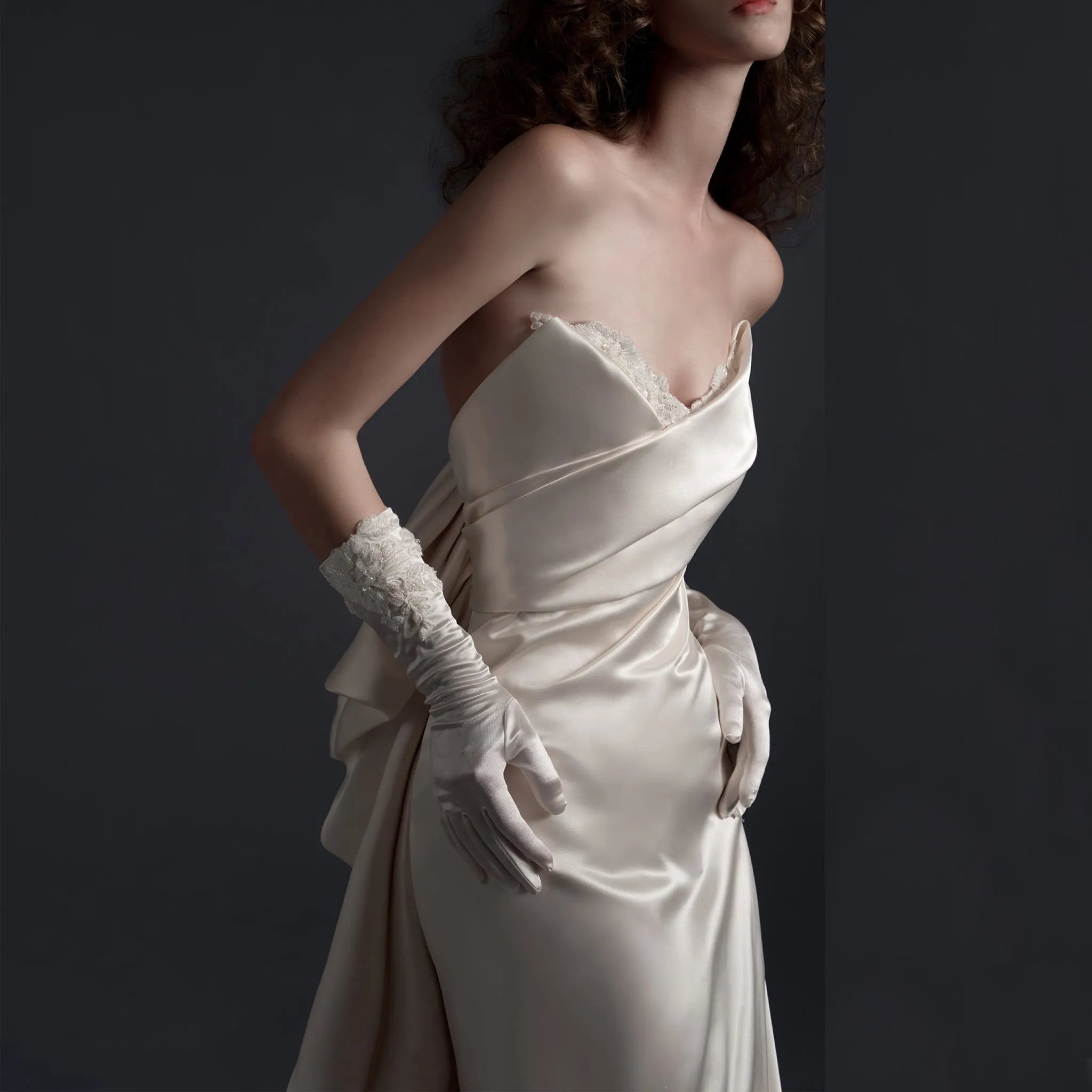 Ruched V-neckline Satin Wedding Dress with Fit and Flare Skirt