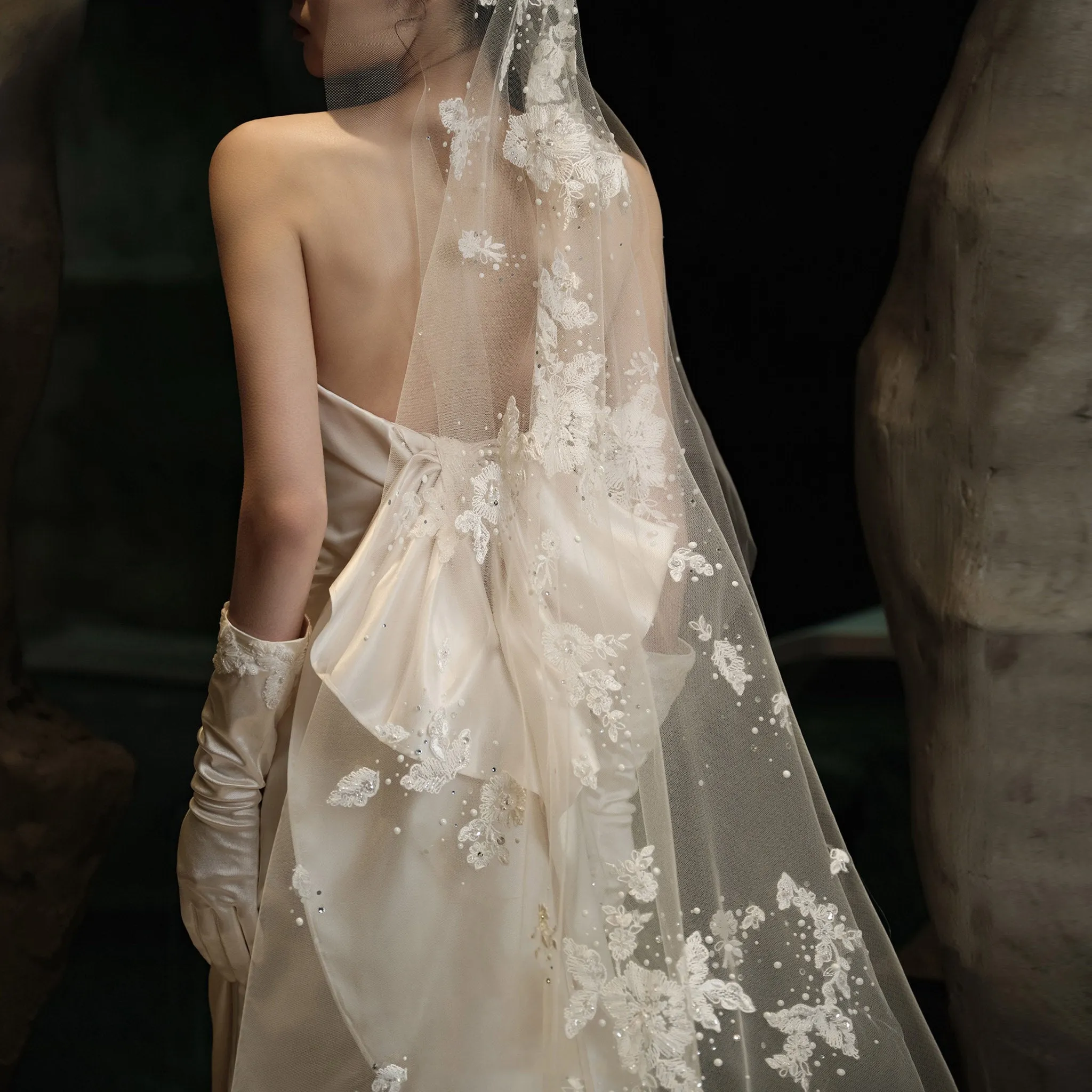 Ruched V-neckline Satin Wedding Dress with Fit and Flare Skirt
