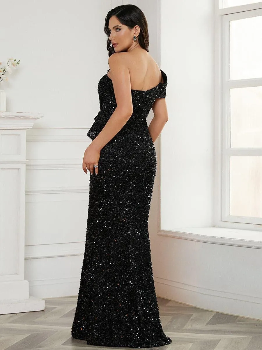 Ruffled Sequin One Shoulder Mermaid Dress WY46