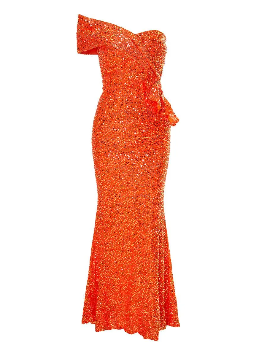 Ruffled Sequin One Shoulder Mermaid Dress WY46