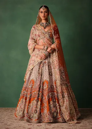 Rust V Neck Blouse With Heavy Jaal Cutdana Work Bridal Lehenga And Heavy Dupatta