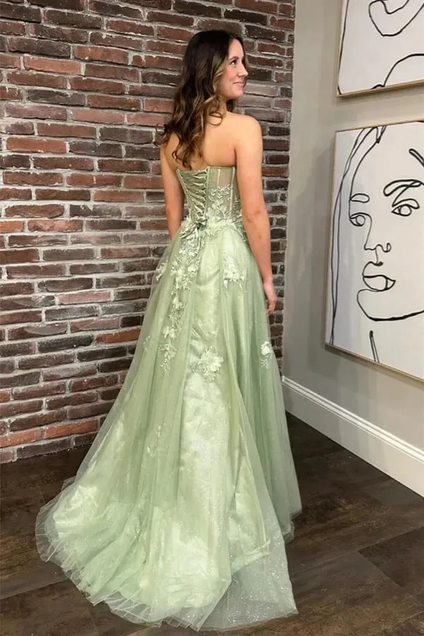 Sage Green Tulle A-line Strapless Sweetheart Neck Prom Dresses With Slit, MP936