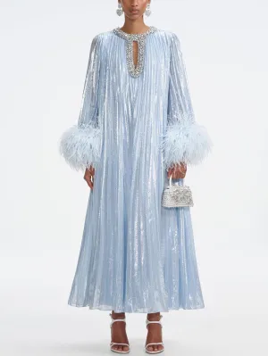 Satin Feather Embellished Evening Gown - Pearlescent Gown for Woman