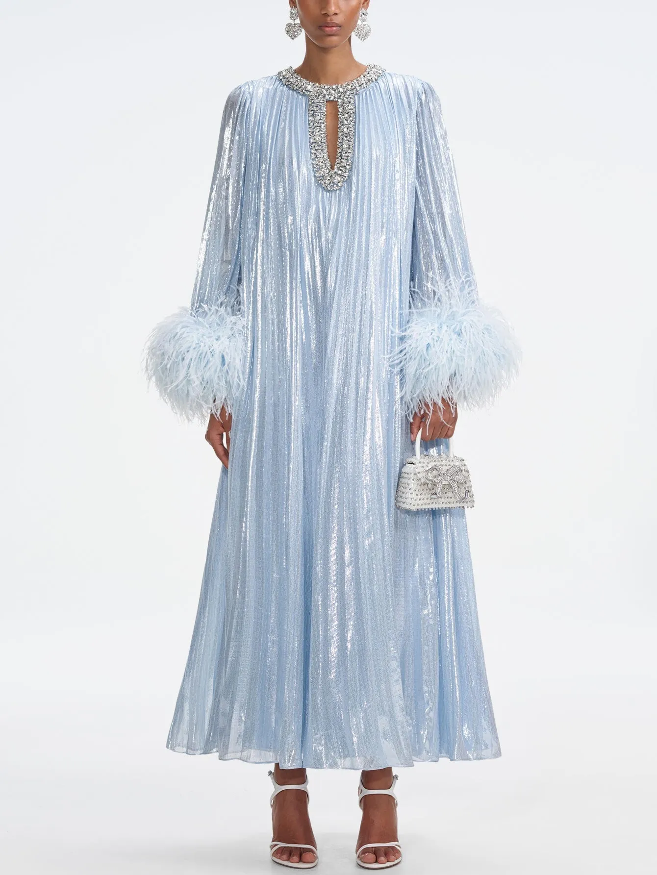 Satin Feather Embellished Evening Gown - Pearlescent Gown for Woman