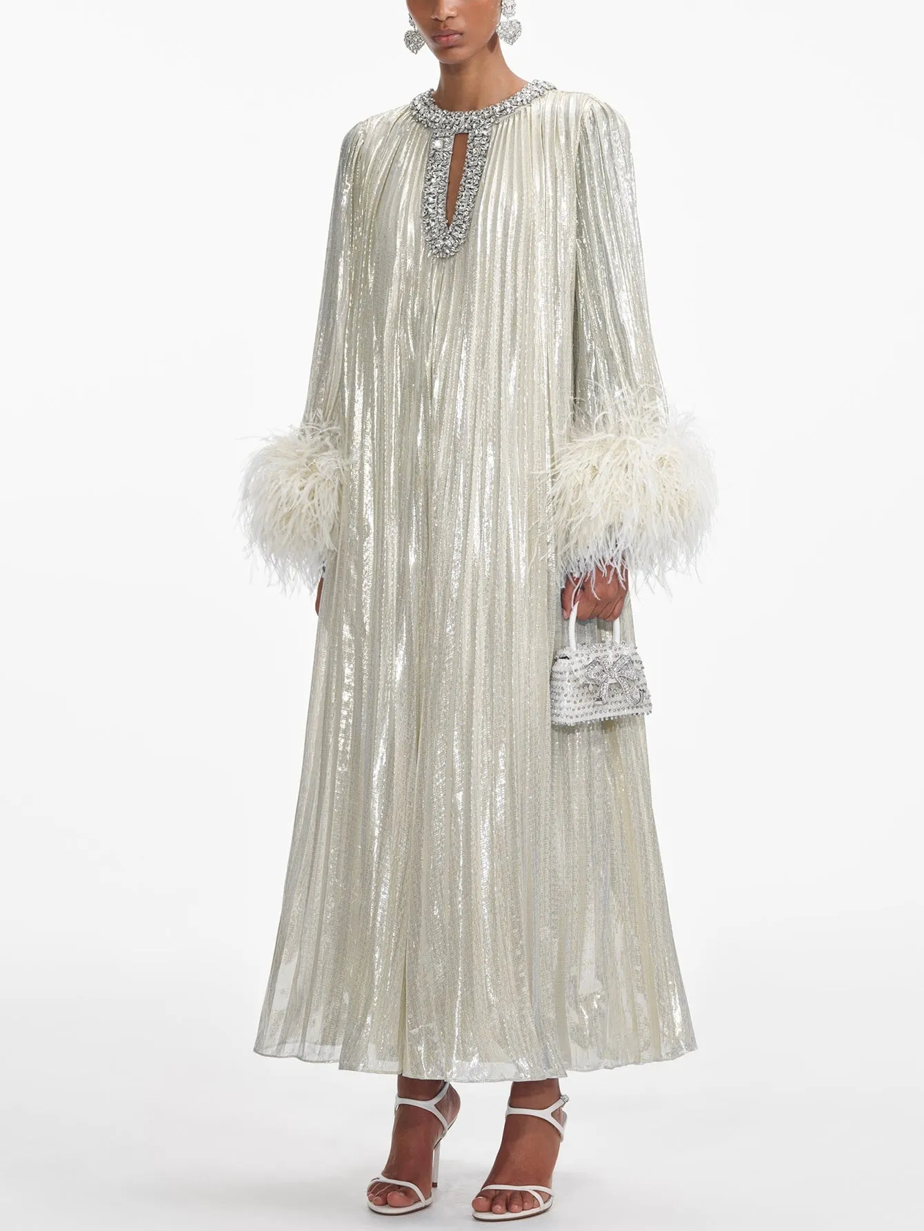 Satin Feather Embellished Evening Gown - Pearlescent Gown for Woman