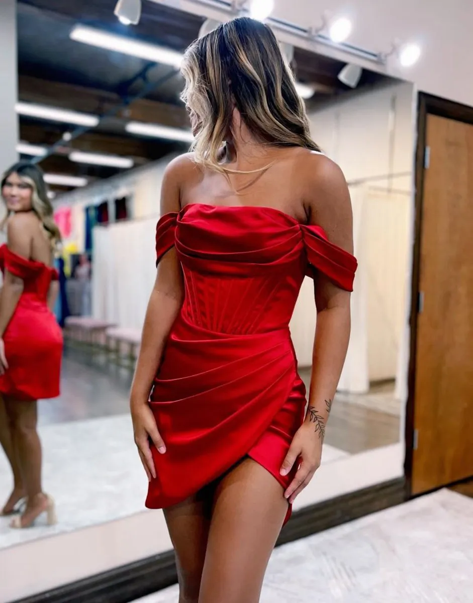 Satin Off the Shoulder Short Homecoming Dresses