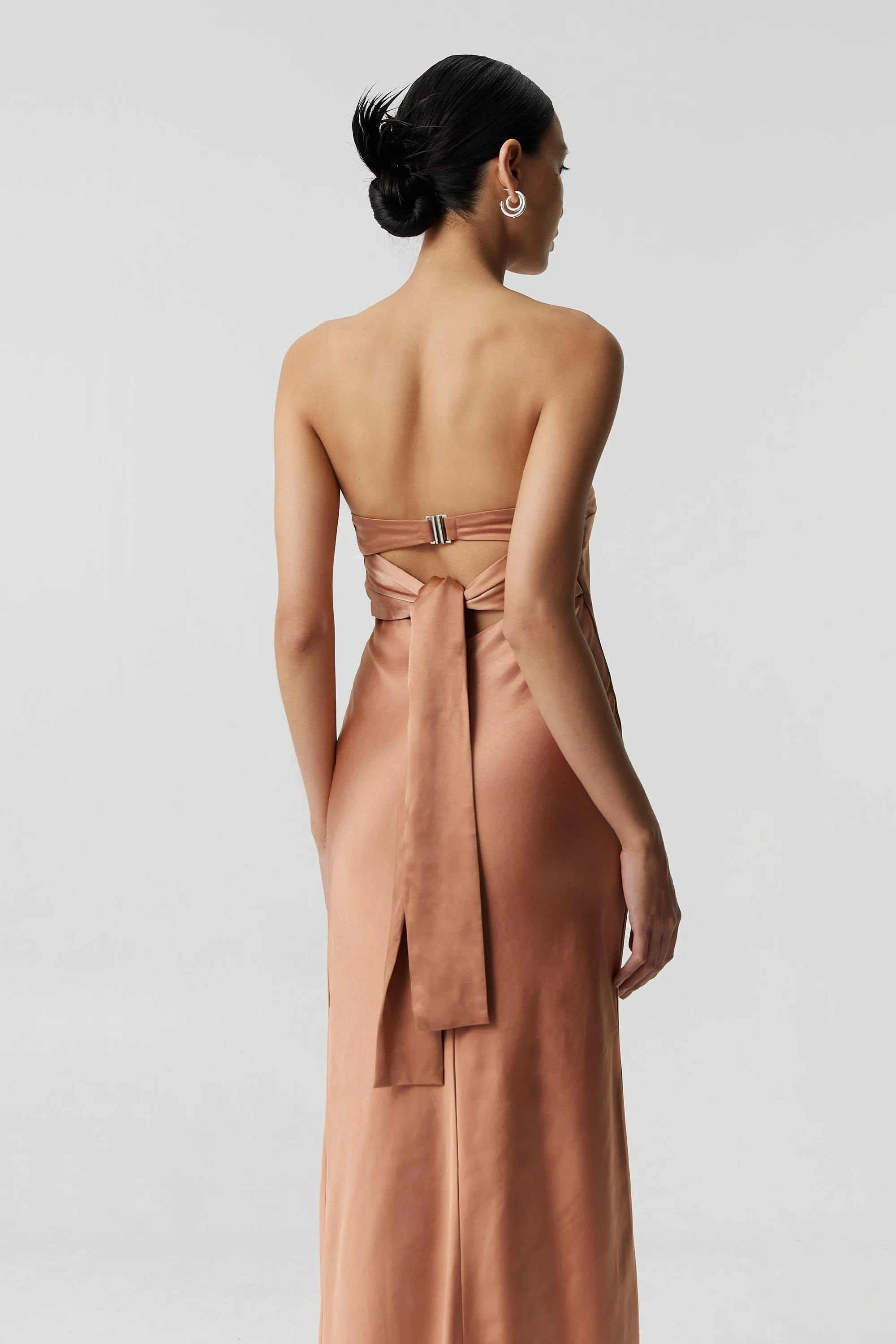 SATIN TIE BACK STRAPLESS MAXI | ROSÉ