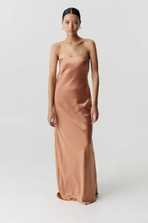 SATIN TIE BACK STRAPLESS MAXI | ROSÉ