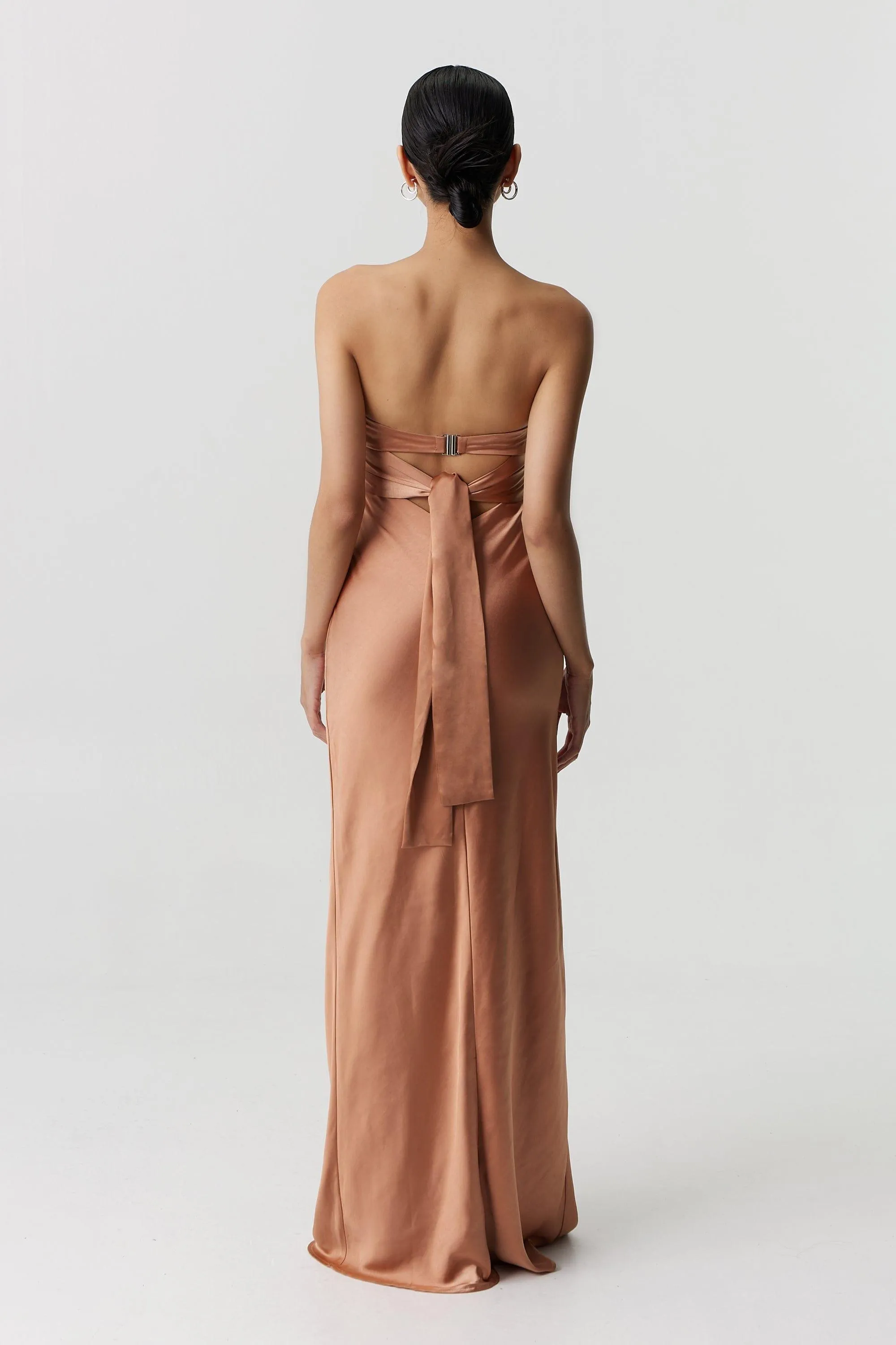 SATIN TIE BACK STRAPLESS MAXI | ROSÉ