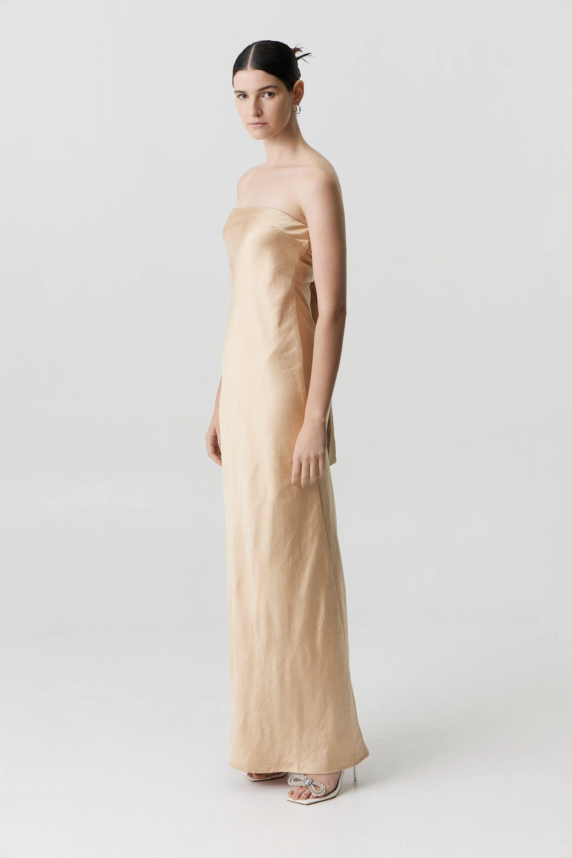 SATIN TIE BACK STRAPLESS MAXI | SAND