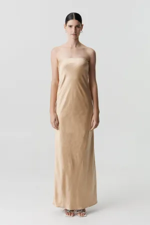 SATIN TIE BACK STRAPLESS MAXI | SAND