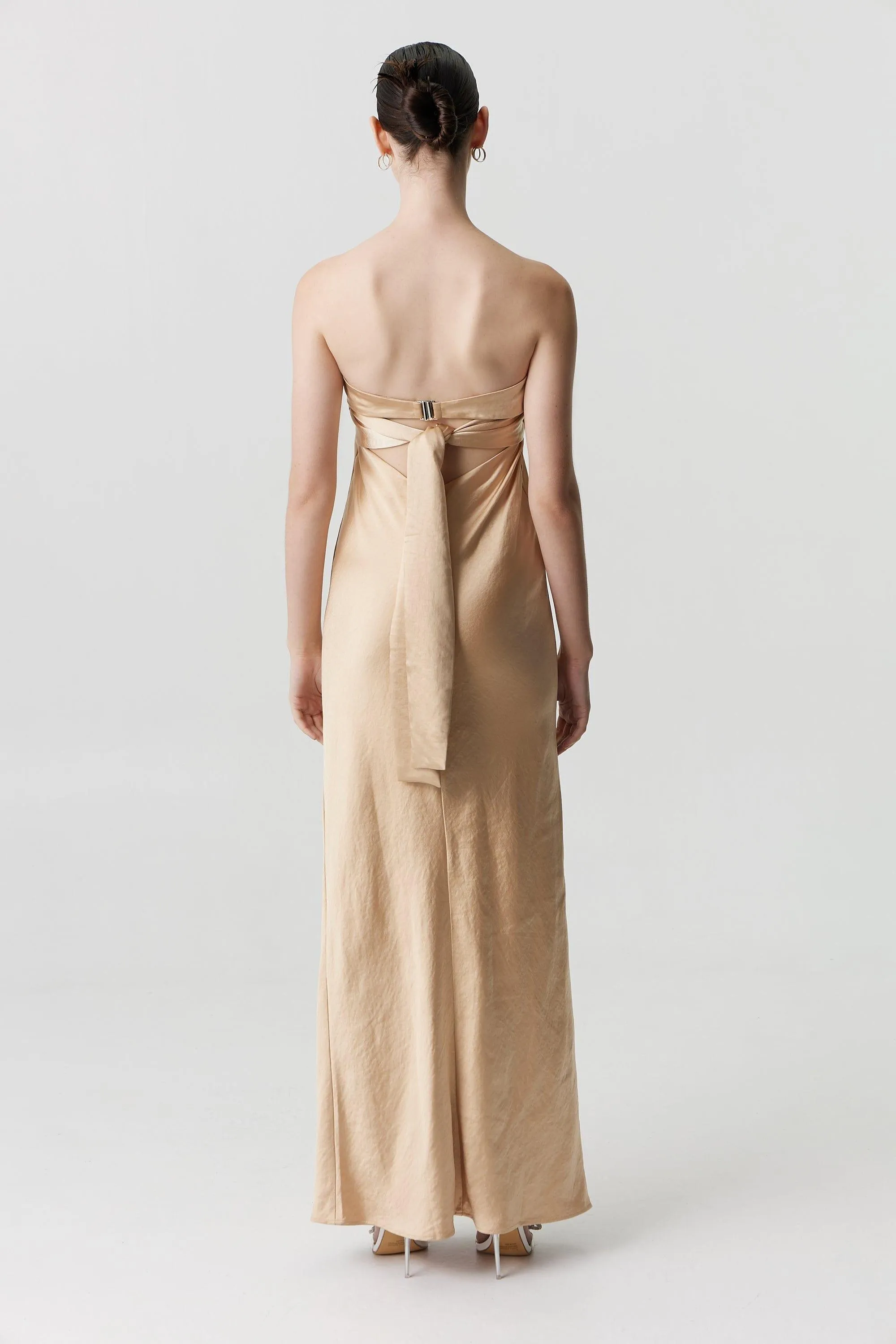 SATIN TIE BACK STRAPLESS MAXI | SAND