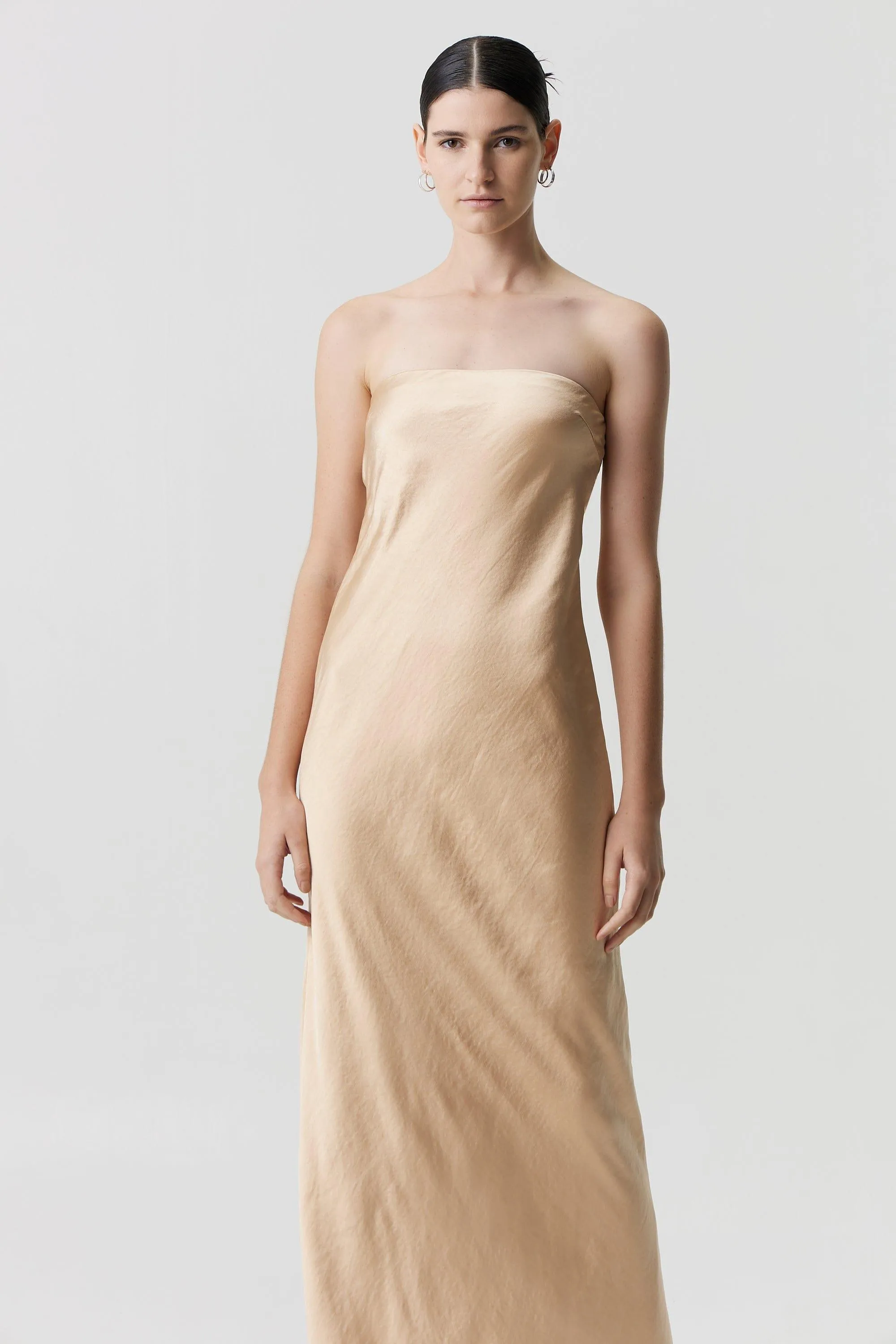 SATIN TIE BACK STRAPLESS MAXI | SAND