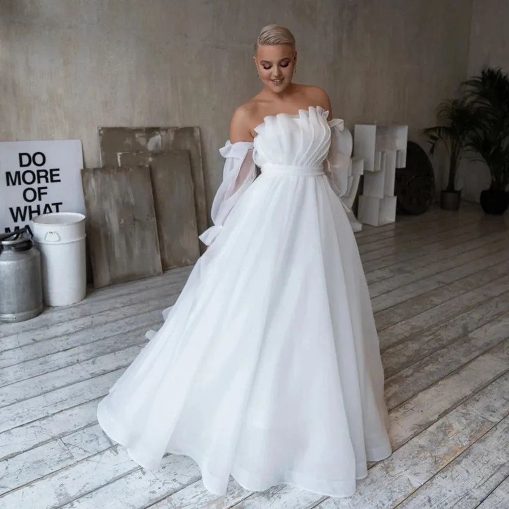 Scalloped Layered Strapless Organza Wedding Dress Oversized Off Shoulder Long Bishop Sleeves Simple Customized Bridal Gowns