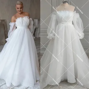 Scalloped Layered Strapless Organza Wedding Dress Oversized Off Shoulder Long Bishop Sleeves Simple Customized Bridal Gowns
