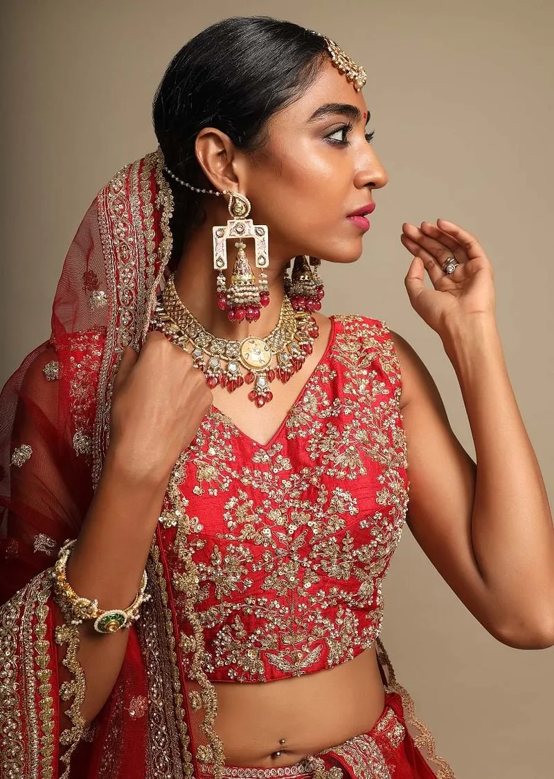 Scarlet Red Lehenga Choli In Raw Silk With Zari Embroidered Feminine Floral Kalis