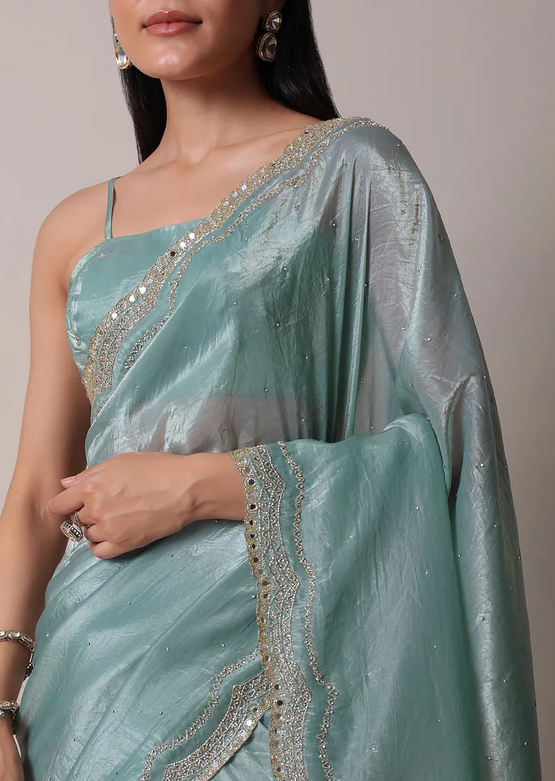 Sea Blue Tissue Saree With Mirror Work