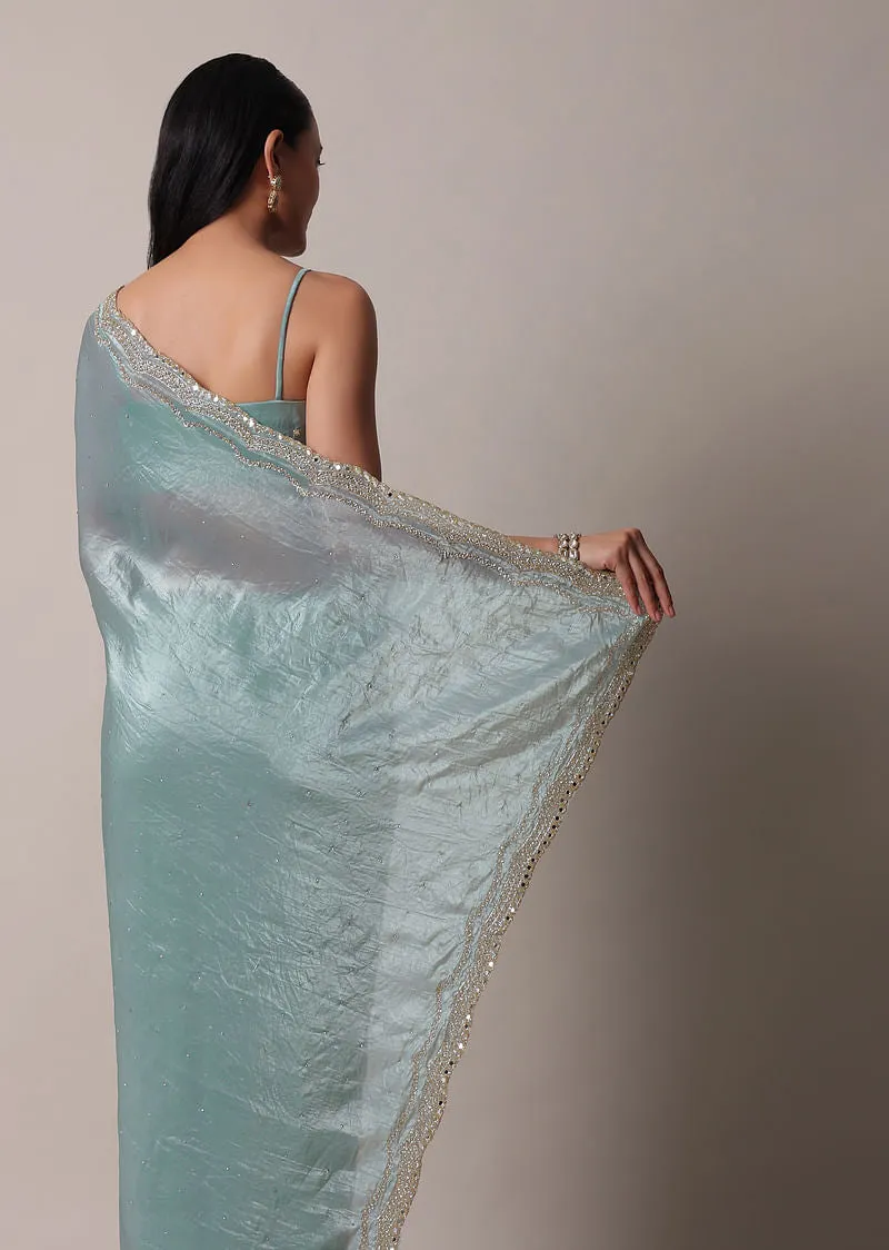 Sea Blue Tissue Saree With Mirror Work