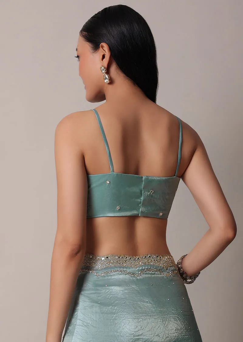 Sea Blue Tissue Saree With Mirror Work