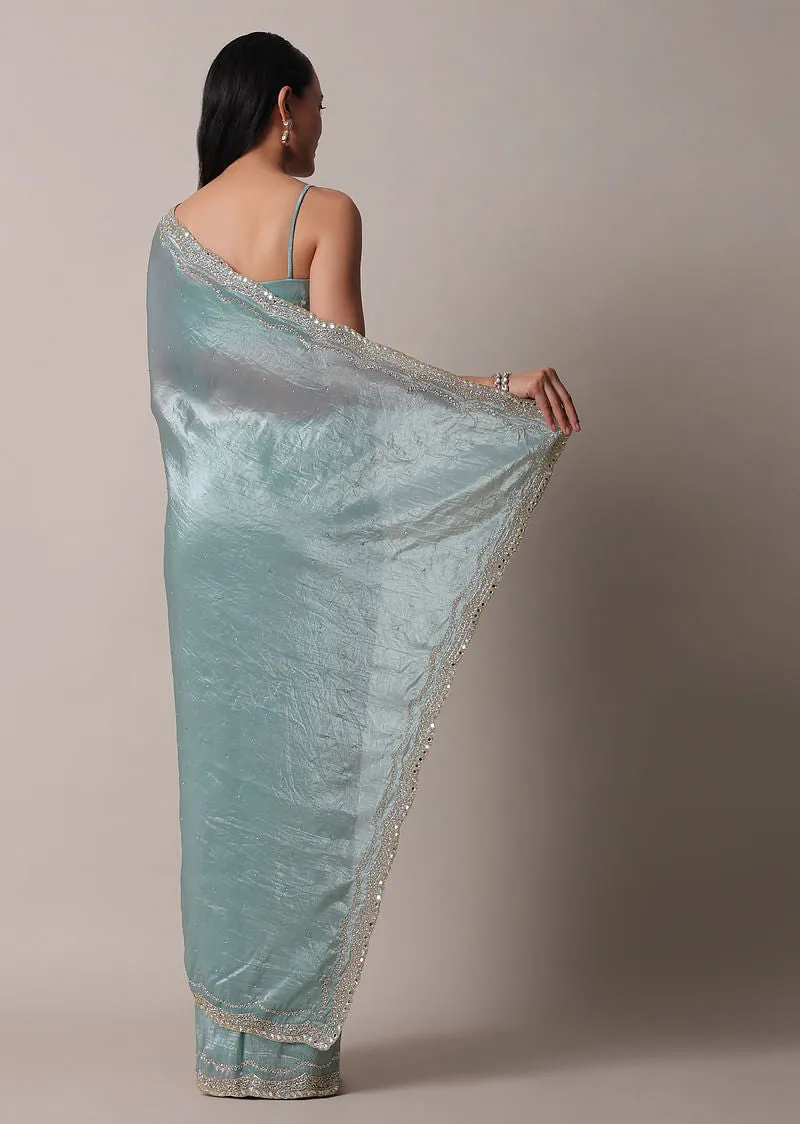 Sea Blue Tissue Saree With Mirror Work