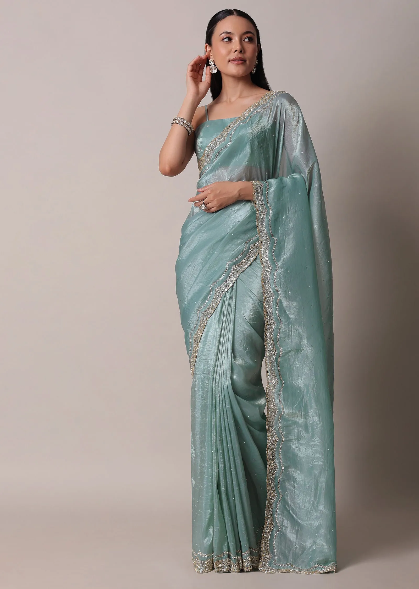 Sea Blue Tissue Saree With Mirror Work