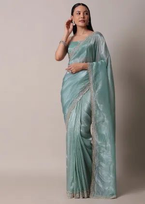 Sea Blue Tissue Saree With Mirror Work