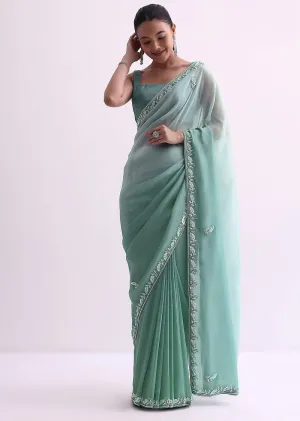 Sea Green Ombre Shaded Satin Saree With Sequin Border