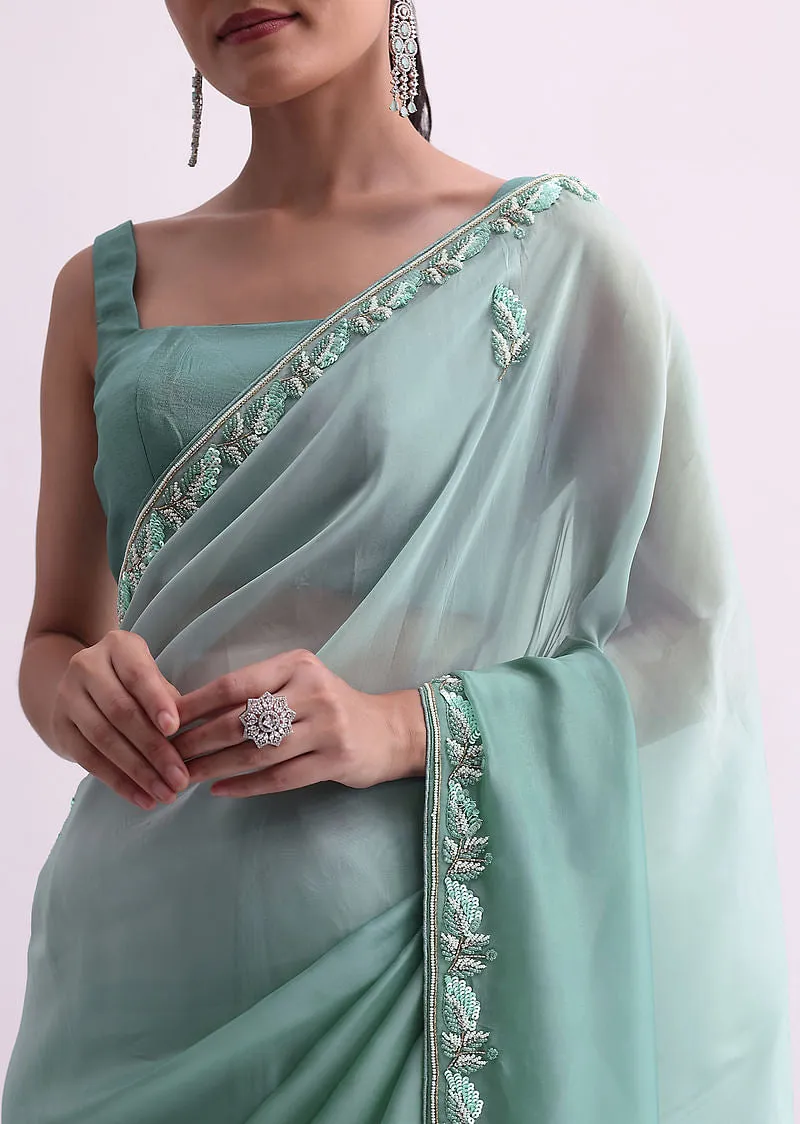 Sea Green Ombre Shaded Satin Saree With Sequin Border