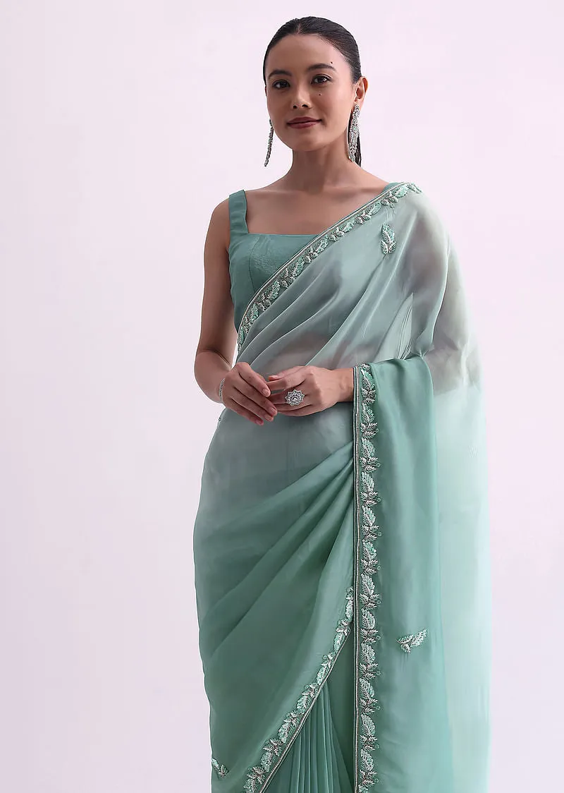 Sea Green Ombre Shaded Satin Saree With Sequin Border