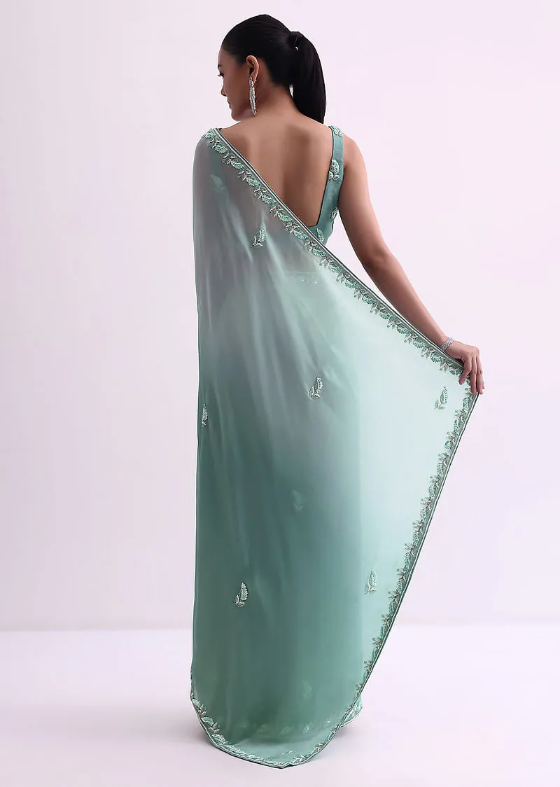 Sea Green Ombre Shaded Satin Saree With Sequin Border