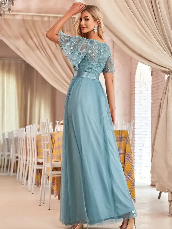Sequin Mesh Leaf Maxi Prom Dress Sparkle Evening Dresses