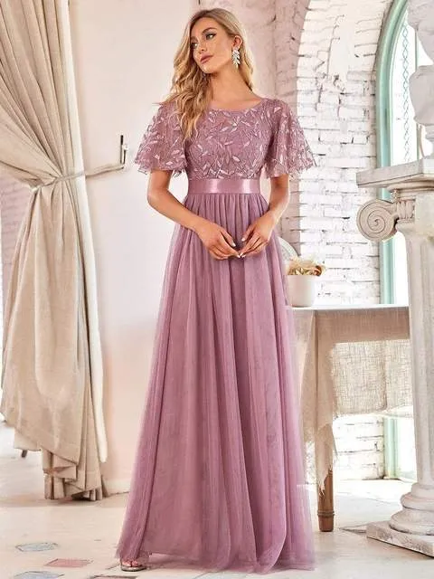 Sequin Mesh Leaf Maxi Prom Dress Sparkle Evening Dresses