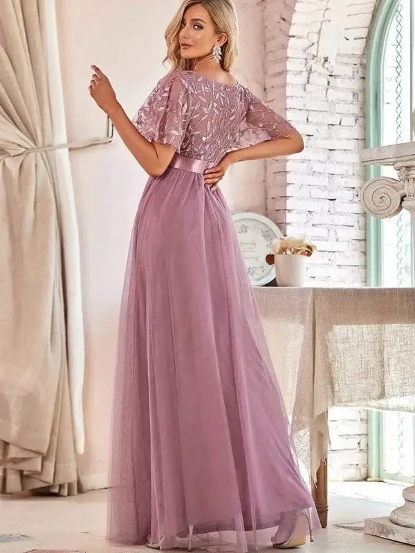 Sequin Mesh Leaf Maxi Prom Dress Sparkle Evening Dresses