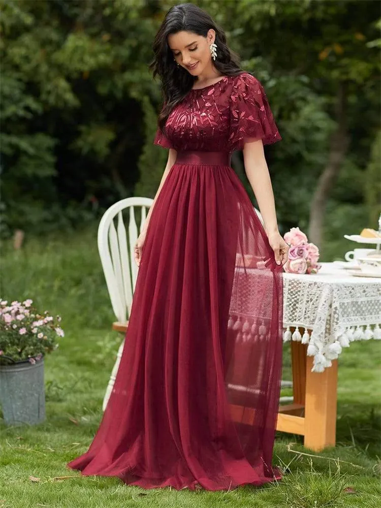 Sequin Mesh Leaf Maxi Prom Dress Sparkle Evening Dresses