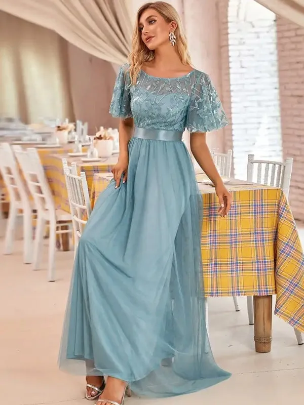 Sequin Mesh Leaf Maxi Prom Dress Sparkle Evening Dresses