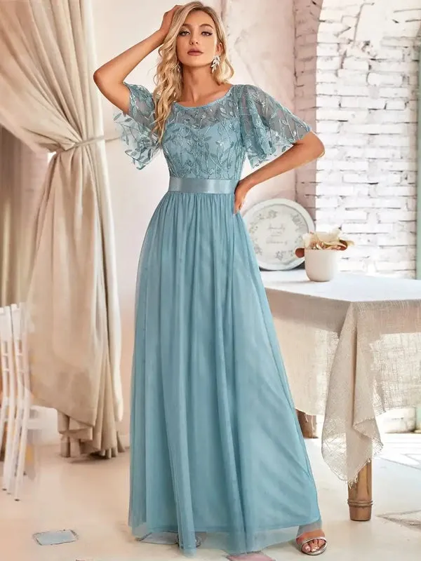 Sequin Mesh Leaf Maxi Prom Dress Sparkle Evening Dresses