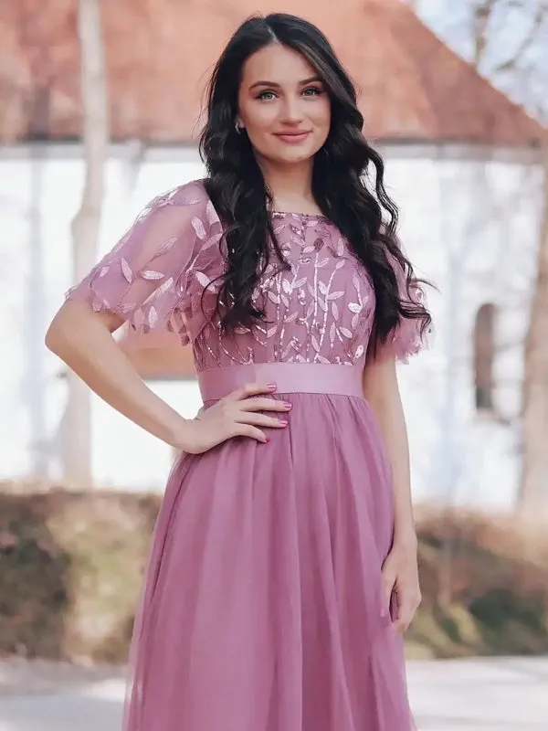Sequin Mesh Leaf Maxi Prom Dress Sparkle Evening Dresses