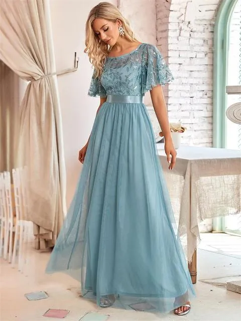 Sequin Mesh Leaf Maxi Prom Dress Sparkle Evening Dresses