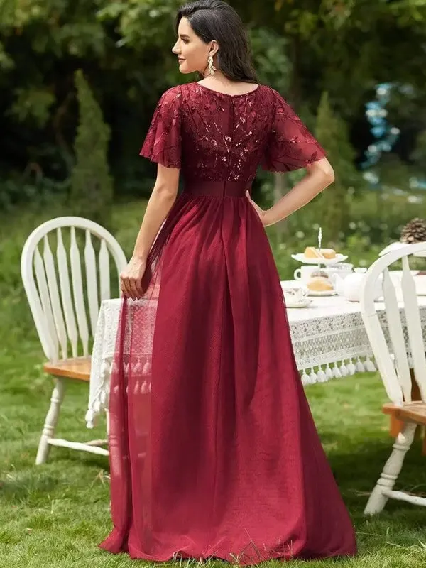 Sequin Mesh Leaf Maxi Prom Dress Sparkle Evening Dresses