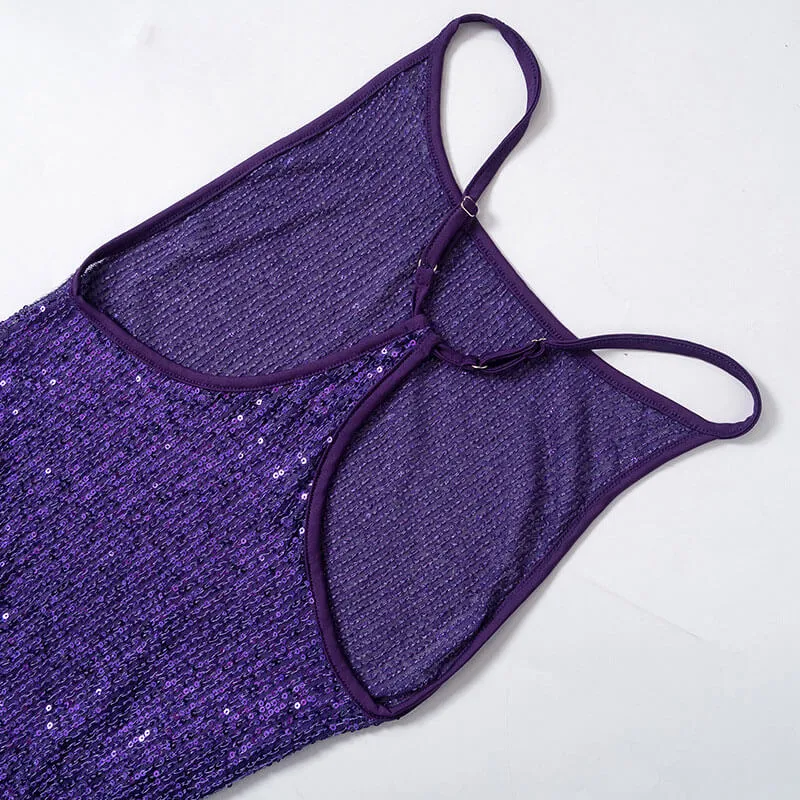 Sequin Scoop Neck Side Split Open Back Maxi Dress - Purple