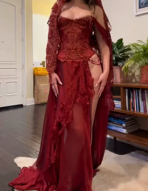 Sexy Burgundy Off Shoulder Sheath Split Long Party Dress Birthday Outfits, D913