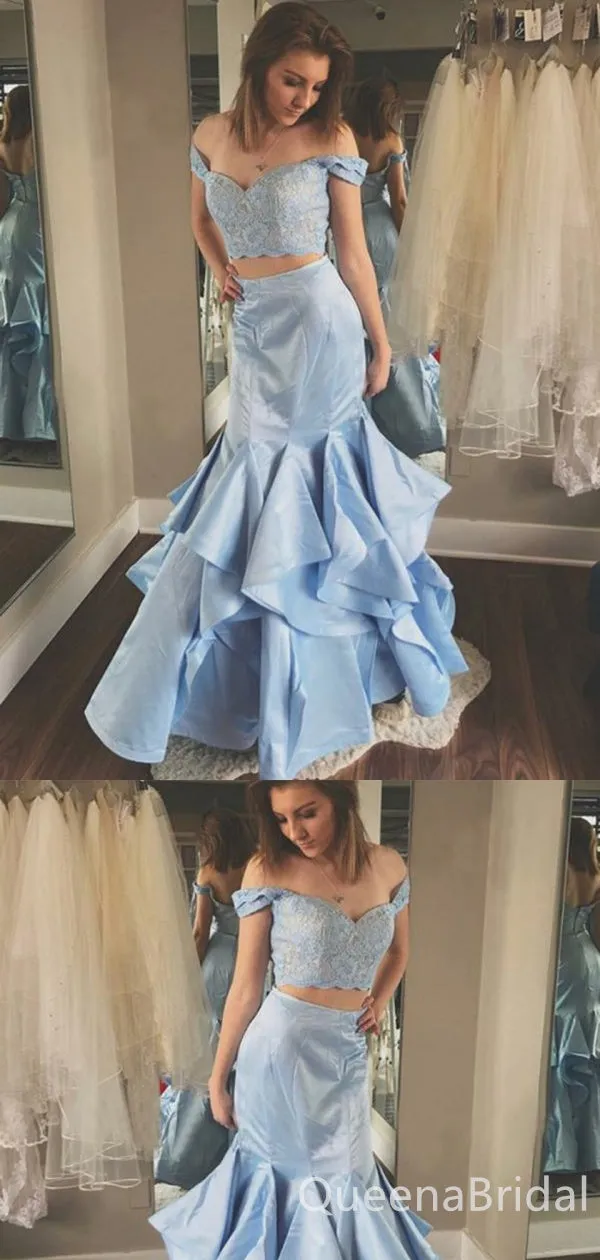Sexy Elegant Off Shoulder Two Pieces Blue Appliques Sweetheart Evening Gown Long Prom Dresses with Ruffles ,WGP667