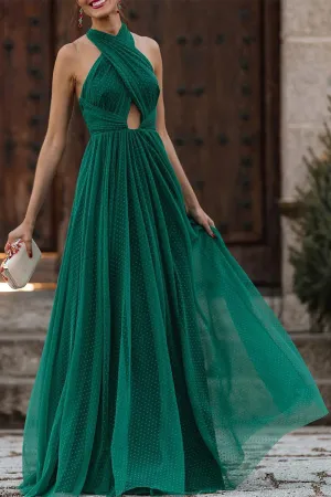 Sexy Formal Solid Hollowed Out Backless Halter Evening Dresses