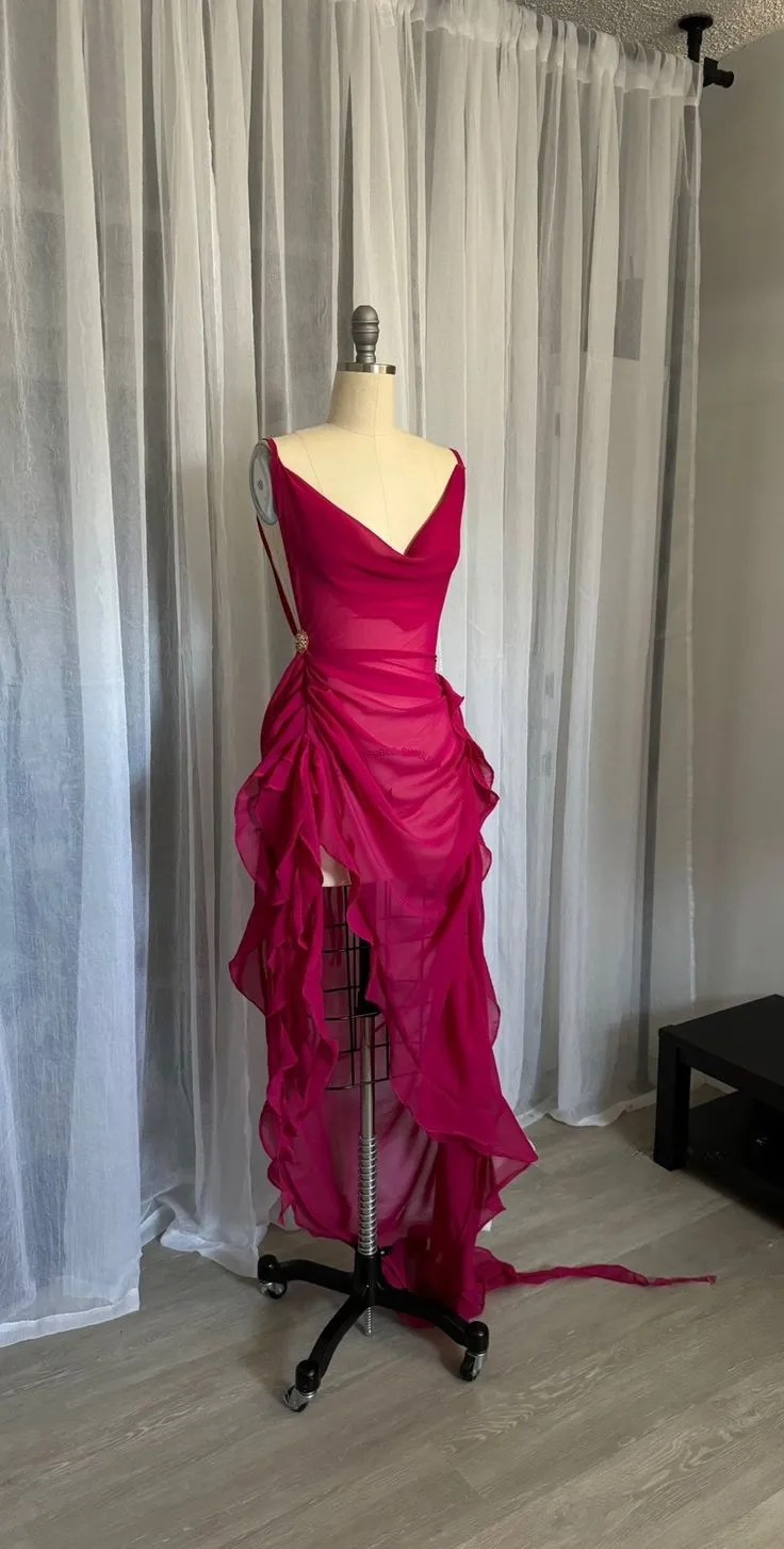 Sexy Hot Pink Straps Sheath Chiffon Ruffles Long Party Dress Evening Dress, D972